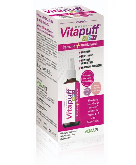 Vitapuff İmmun+Multivit  Sprey Multivitamin, Kara Mürver ve Beta Glukan Desteği