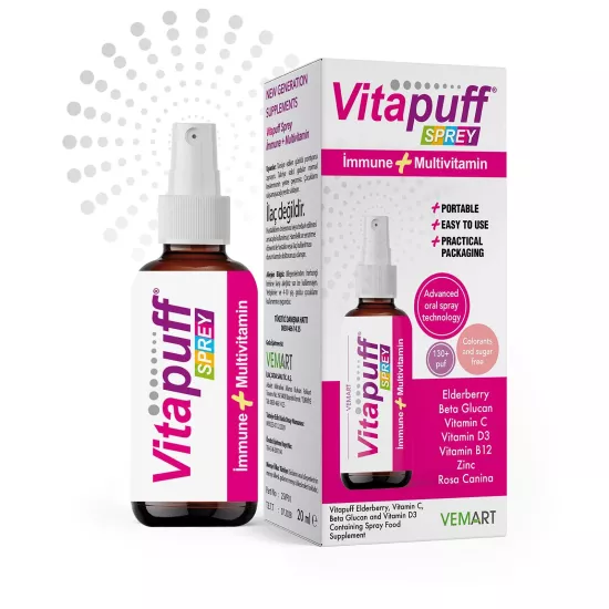 Vitapuff İmmun+Multivit  Sprey Multivitamin, Kara Mürver ve Beta Glukan Desteği